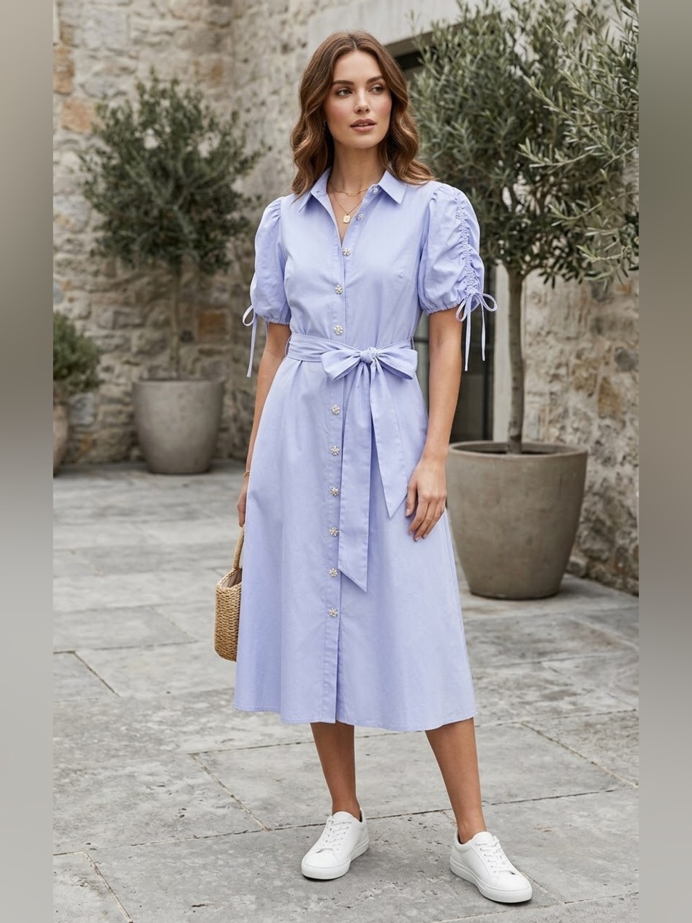Eliza J /Light Blue Midi Shirtdress Flower Rhinestone Buttons -Sz 12